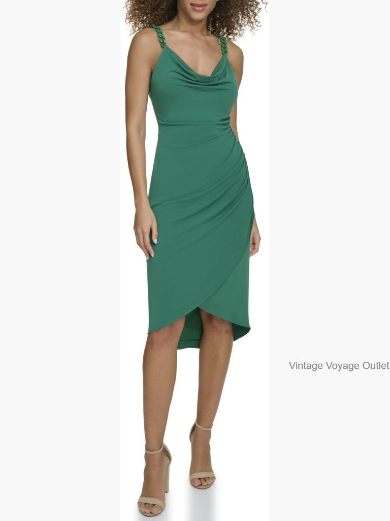 Chain Embellishment Midi Dress, One Shoulder, Zipper Closure, Polyester Spandex
